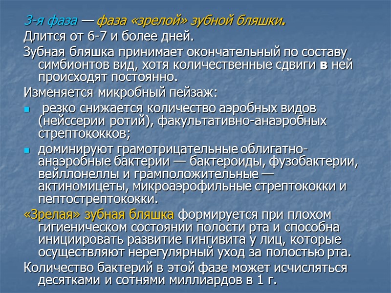 3-я фаза — фаза «зрелой» зубной бляшки.  Длится от 6-7 и более дней.